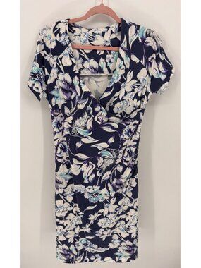 Soft Surroundings Shapely Anywhere Dress Blue Floral Faux Wrap Sheath Dress Sz M